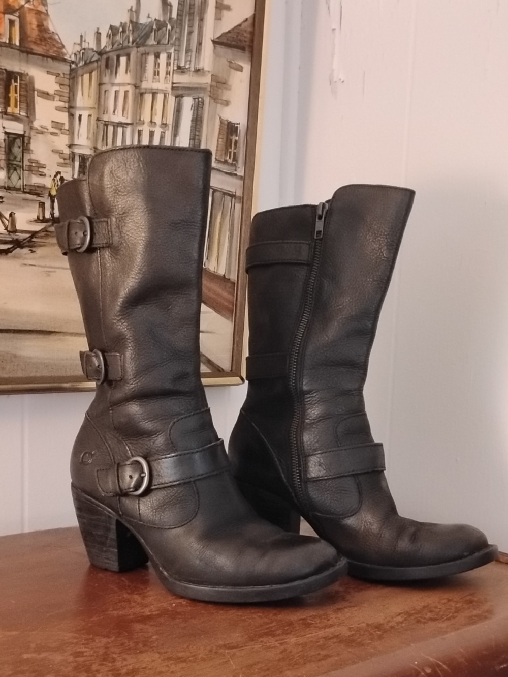 BORN Black Leather Mid-Calf Buckle Boots - Women